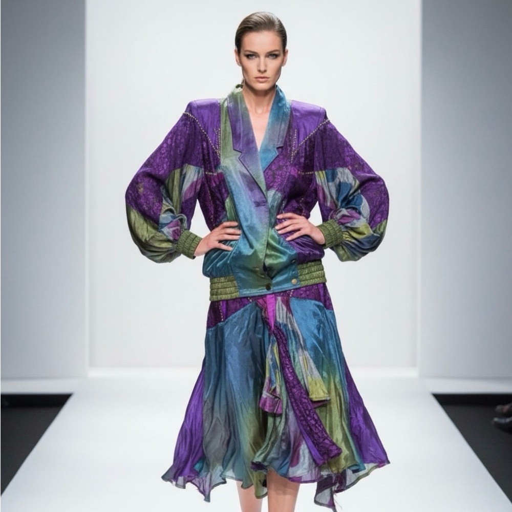 French Look Vibrant Satin Jacket & Midi Skirt Set - 80s Boho Glam